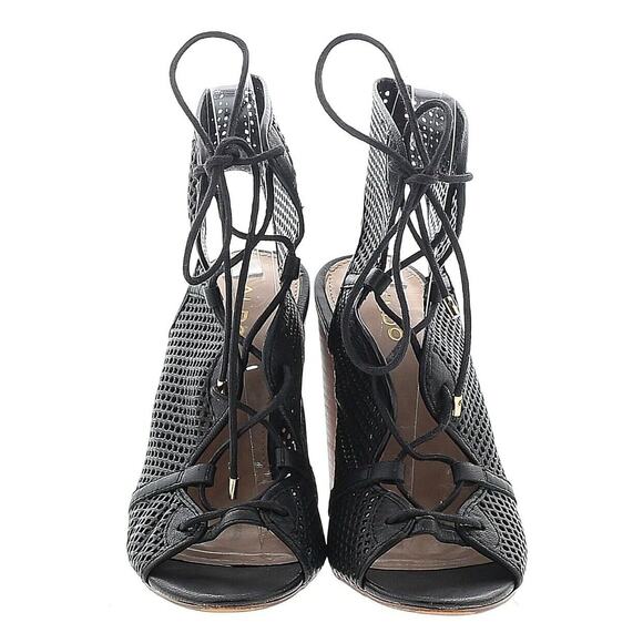ALDO Black Wedge Laser Cut Open Toe Lace Ups Sandal Shoe Size 8 - Picture 2 of 2